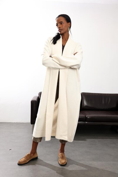 5in1Canpolat Ecru Shawl Collar Maxi Length Cardigan 2310006