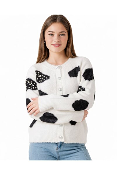 VOY KİDS Girls' Furry Knit Cardigan, Ages 9-10-11-12-13-14-15, Stone Embroidered Buttoned Cardigan