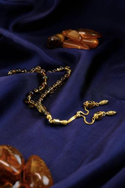 dergah tesbih Intense Earth Fossil Wrist-Length Silver Gold Design Drop Amber Prayer Beads (Amber), (دمعة كهرمانية مسبحة