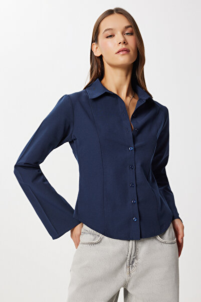 Lovelyİstanbul Bell Sleeve Fitted Woven Shirt Lub0300 Dark Blue