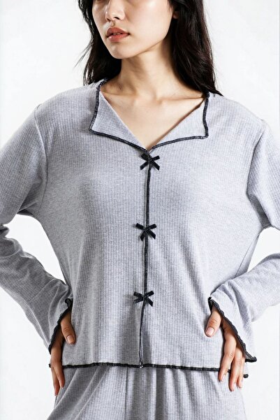 Ecrou Women's Gray Melange Report Ribbed Knit Texture Seoul Long Sleeve Top Pants Pajama Set