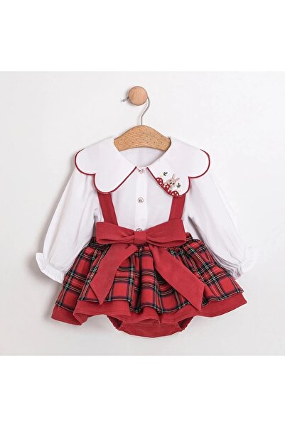 PARK BEBE Baby Girl Rabbit Embroidered Shirt Romper Set Red Plaid Christmas Concept