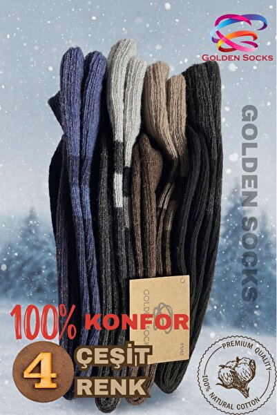 GOLDEN SOCKS Kalın Termal Yün Çorap 4 Çift, Soğuğa Dayanıklı Havlu Çorap,
