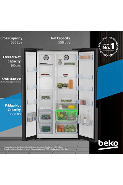 Beko Refrigerator 635L Gross (558L Net)Capacity, Side by Side, Neo Frost, Low Noise, GNE741PP(Black)