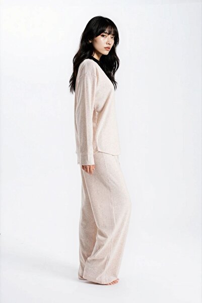 Ecrou Women's Stone Melange Report Ribbed Knit Texture Seoul Long Sleeve Top Pants Pajama Set