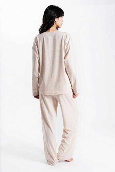 Ecrou Women's Stone Melange Report Ribbed Knit Texture Seoul Long Sleeve Top Pants Pajama Set