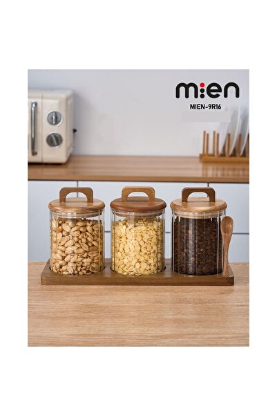 MİEN Akasya Ahşap Standlı 3’lü Çizgili Cam Baharatlık Seti – Yuvarlak – 750 ml