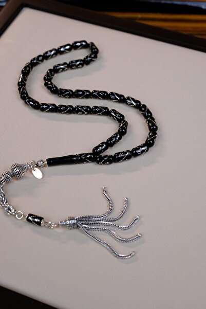 dergah tesbih Silver Inlaid Erzurum Oltu Stone Silver Tassel Design Prayer Beads