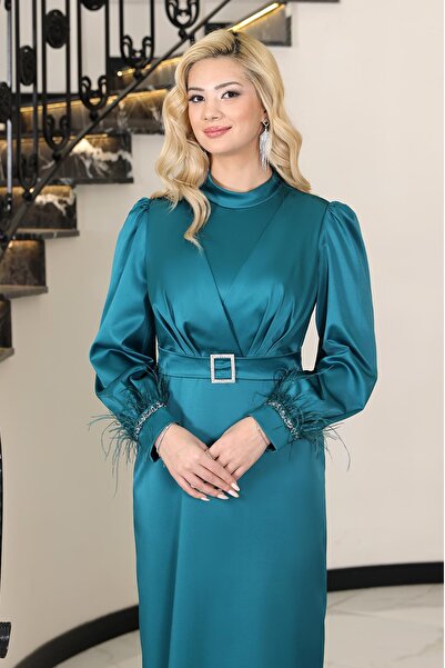 SUBU TASARIM Lara Satin Evening Dress Emerald Tbselb78