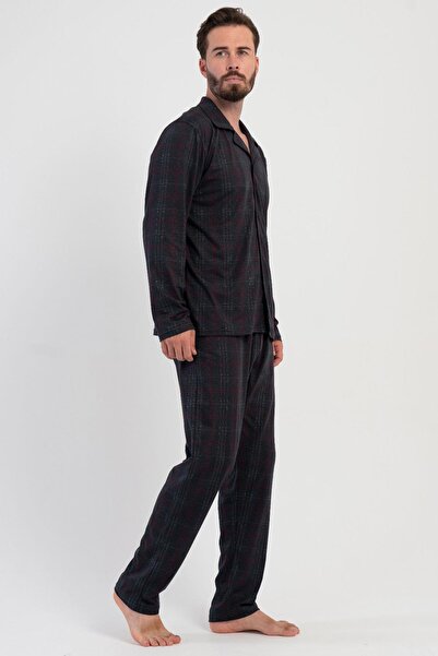 VİENETTA Ανδρικό καπνιστό μακρυμάνικο πουκάμισο με κουμπιά μπροστά με καρό σχέδιο πιτζάμες C2T1N1305