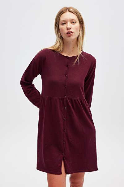 Peraluna Leah Shirred Buttoned Mini Knit Shirt Dress - Burgundy