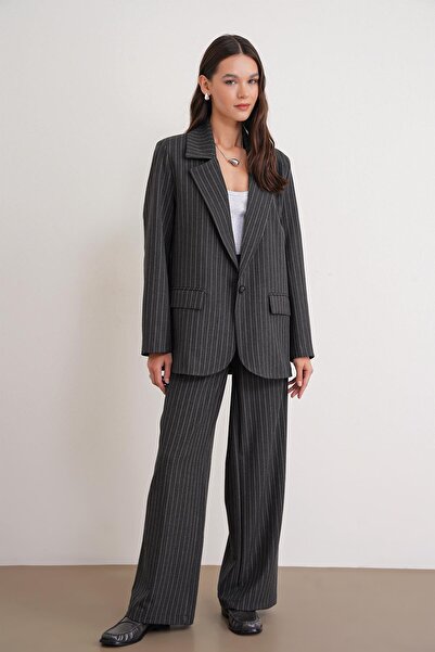 Mixray 4753 Жіночий смугастий оверсайз блейзер-жакет антрацитовий