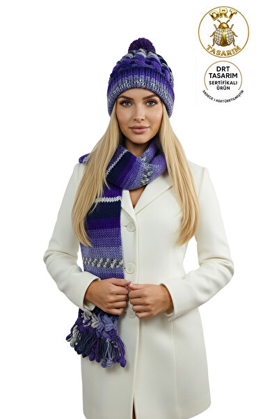 drt tasarım Purple Pistachio Anatolian Long Scarf Beret Set