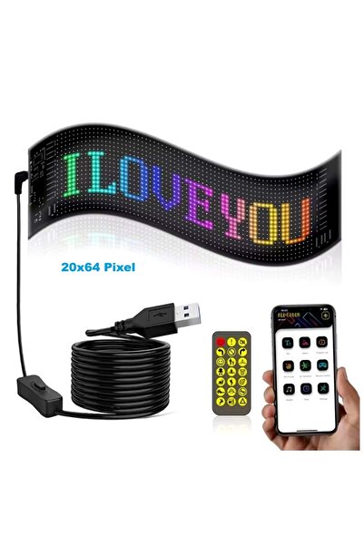 HyMark 35x10cm Programlanabilir LED Matrix Kayan Yazı 20x64 Pixel Emoji Tabela Araba Bluetooth APP