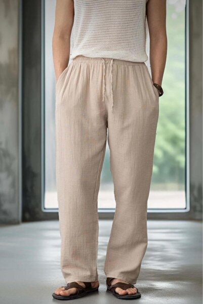 stg spor toptan giyim Men's Beige Linen Muslin Wide Leg Trousers