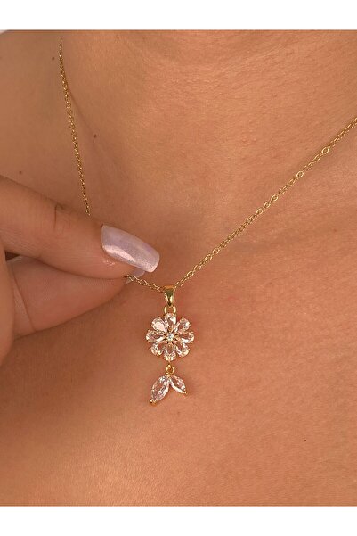 Furtek Aksesuar Transparent Zircon Daisy Steel Gold Necklace Non-Tarnish Minimal Thin Chain Gift