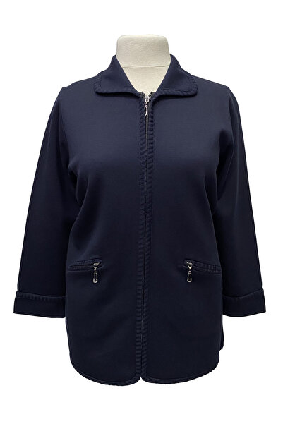 Giyinen Mağazaları Μπλε ναυτικό πλεκτό ατσάλινο πλεκτό πουλόβερ μεγάλου μεγέθους με διπλή τσέπη με φερμουάρ στο μπροστινό μέρος