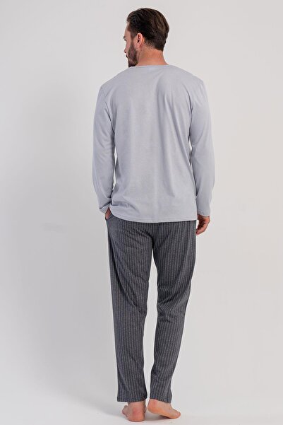VİENETTA Men's Grey Color Long Sleeve Crew Neck Striped Bottom Pajama Set C9T9N0305