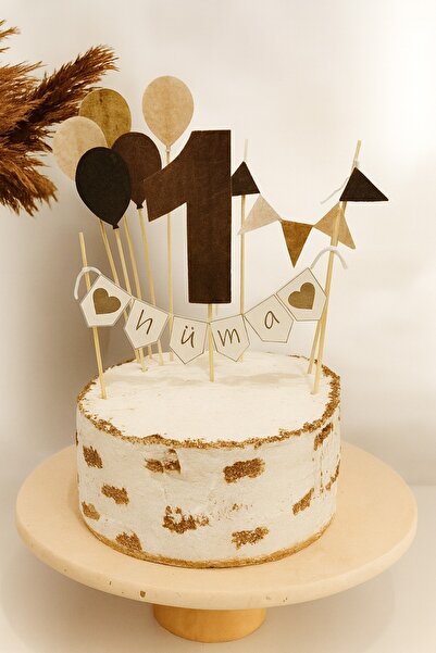HULİPARTY TOYS Kahverengi Temalı Doğum Günü Pasta Süsü -isme özel 1 years old -1 yaş pasta süsü seti