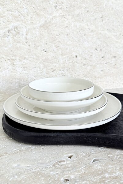 porselenden Modern Krem Platin 24 Parça 6 Kişilik Günlük Porselen Yemek Takımı Parlak Gümüş