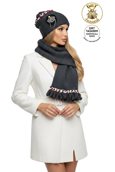 drt tasarım Long Scarf Beret Set Embroidered Luxury Series Gray White