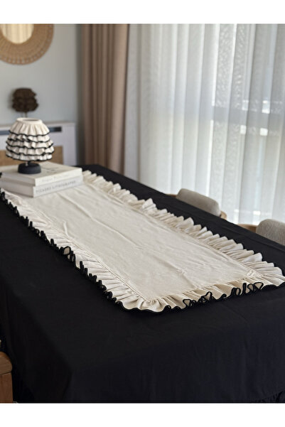 KaiAtelier Runner dreptunghiular din in cu broderie naturala si volane 50x150cm