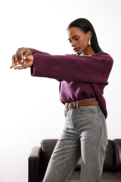 5in1Canpolat Plum Plain Knit V-Neck Sweater 92623