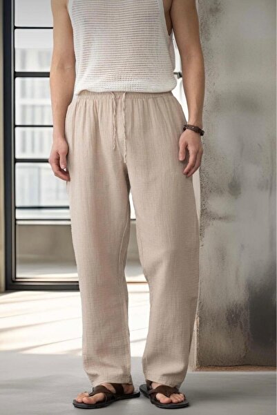 stg spor toptan giyim Men's Beige Linen Muslin Wide Leg Trousers