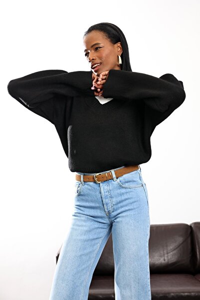 5in1Canpolat Black Plain Knit V-Neck Sweater 92623