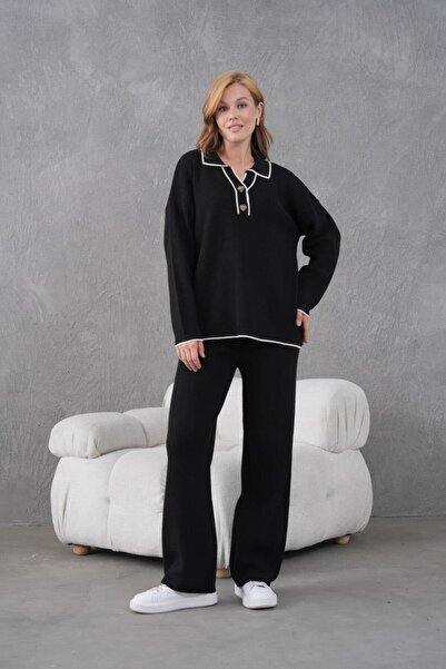 Işşıl 12265-Buttoned Pola Collar Knitwear Trouser Suit