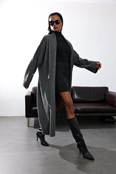 5in1Canpolat Anthracite Shawl Collar Maxi Length Cardigan 2310006