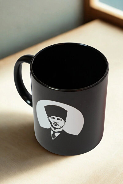 Ahinur Mutfak Atatürk with Love Black Porcelain Mug, Special Design Portrait Heart Printed 330 ml