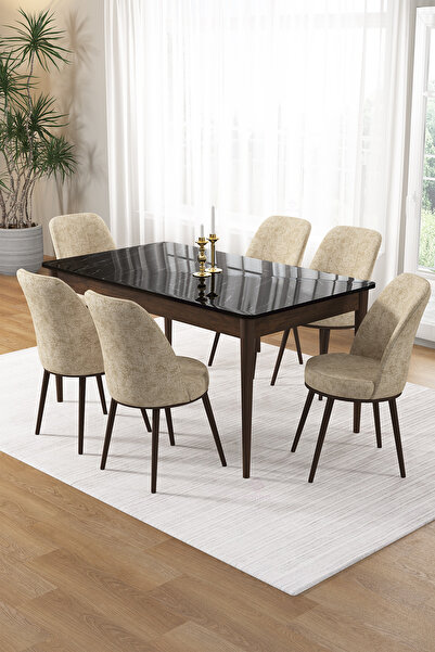 Canisa Pir Serisi 80x130 Sabit Siyah Mermer Desen Kahve Ayak Masa Takımı 6 Kr...