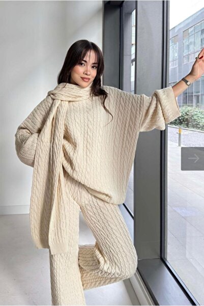 SEVENLINE Női sál részletesen kidolgozott, túlméretezett kötöttáru szett – Stílusos és kényelmes dizájn a téli szezonban