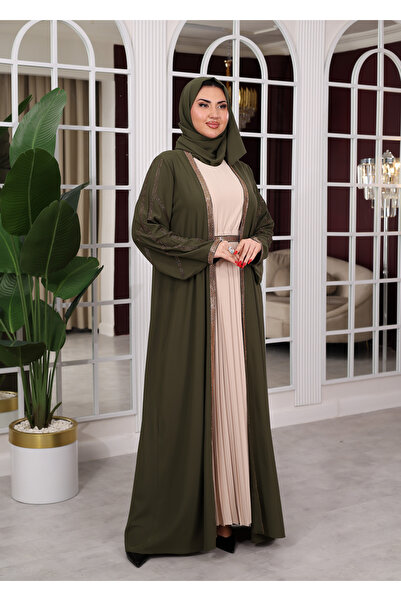 NHMODA Stone Detailed Belted Hijab Evening Dress Two-Piece Set (Including Shawl)