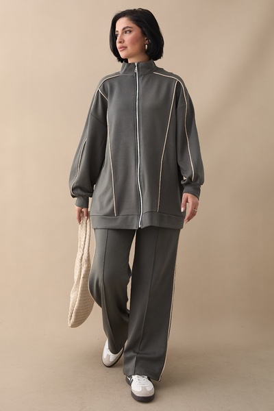 InStyle Double Piped Zippered Khaki Double Suit