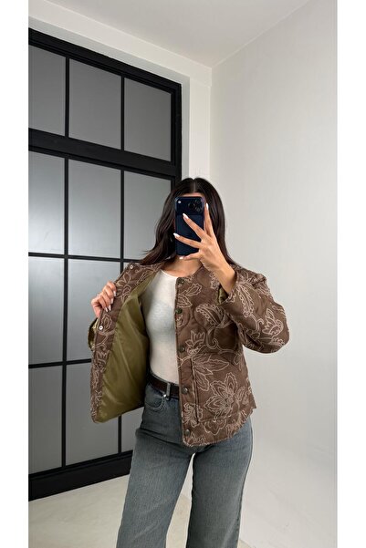 Gaus Khaki Ethnic Patterned Lined Quilted Coat Gaus-00596