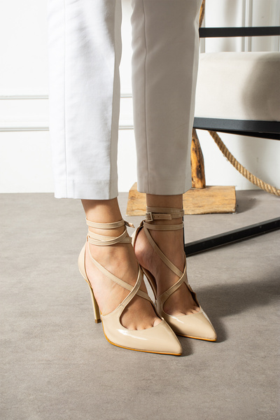 Güllü Shoes Beige Patent Leather Ankle Strap Pointed Toe High Thin Heel Women's Stiletto Shoes