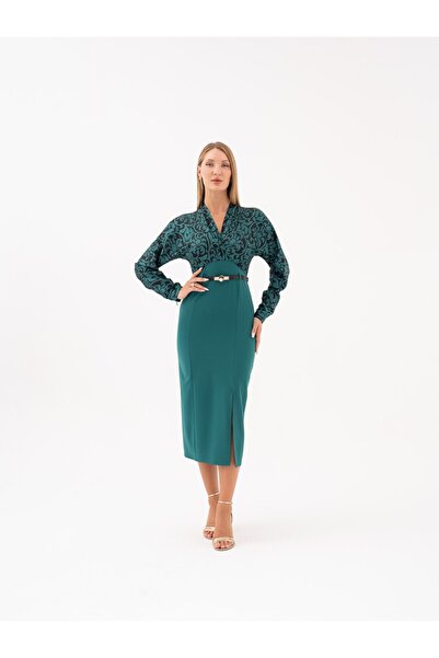 SERPİL Desenli Kuşaklı Yırtmaç Detaylı Midi Elbise 39538