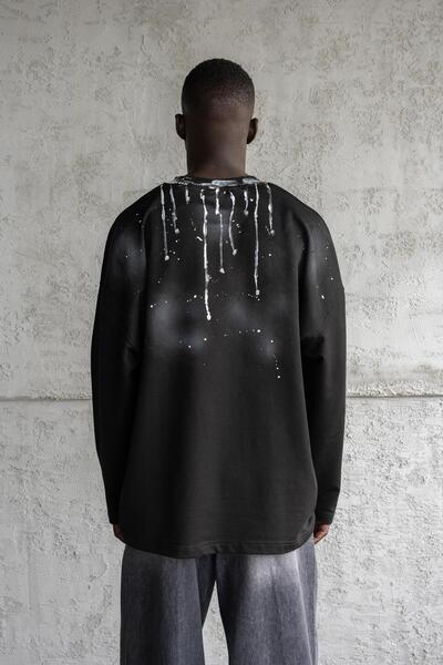 Machinist Hand Made Paint Technique Long Sleeve Tee Dark Black