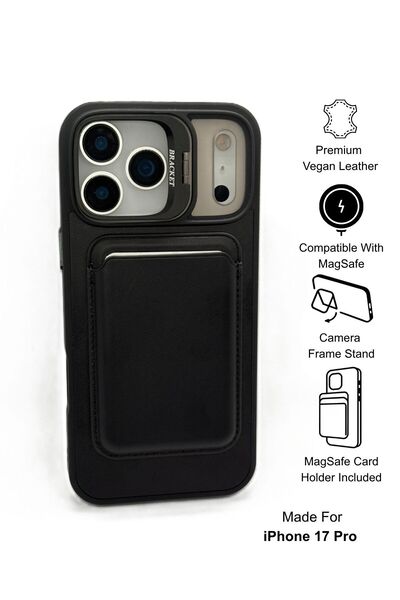Paladyum Case iPhone 17 Pro Uyumlu Premium Siyah Deri Magsafe Cüzdanlı Kartlı...