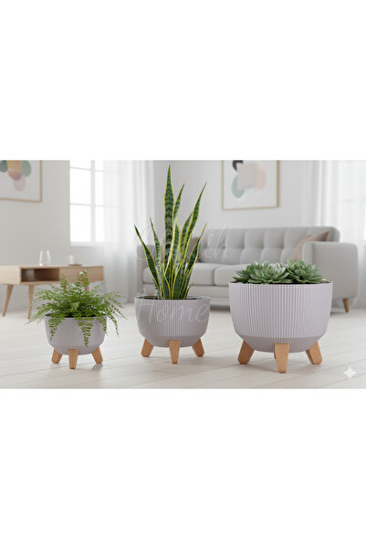 okacih 3'lü Modern Stick Line Bambu Ayaklı Saksı Akıllı Altlıklı 18 Litre
