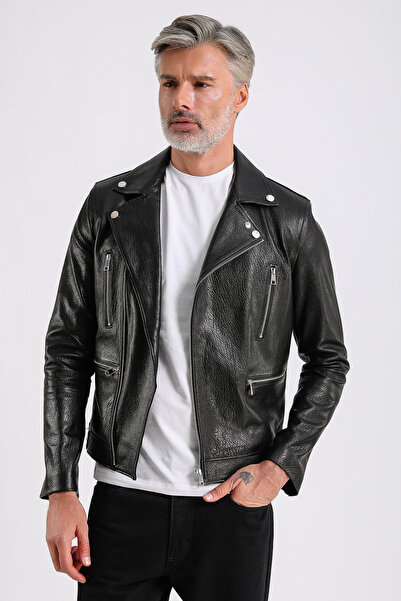 MQ Leather Maroquın Leather Judah Erkek Siyah Jumbo Biker Deri Mont