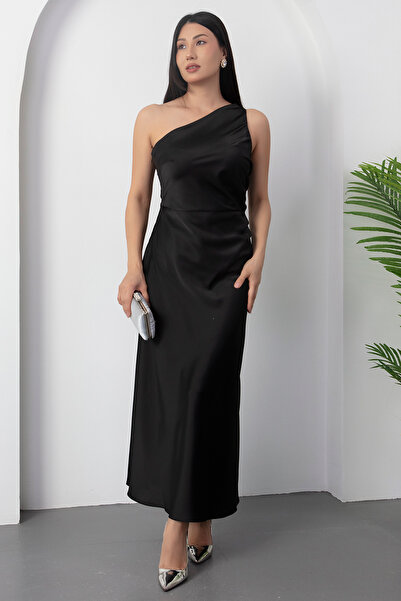 PULLIMM Rochie din satin cu un singur umăr și talie adunată YZC25Y244