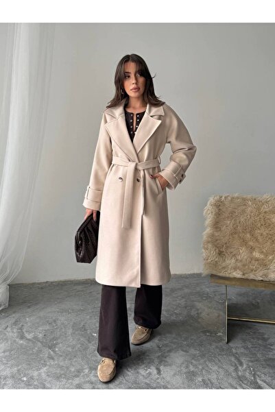 BE CHİC Women's Beige Color Interlining Belted Pocketed Imported Premium Fabric Midi-Length Cardigan Coat G6000