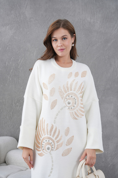 Miss Allos Women's Front Beaded Wide Fit Long Knitwear Dress