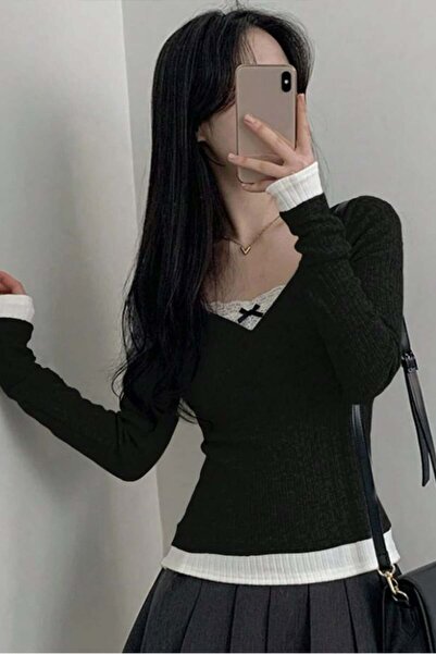 renkli outlet Siyah Dantelli Fiyonklu Ekli Y2K Uzun Kollu Crop rnkli80
