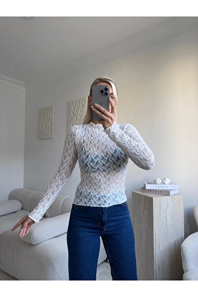 BE CHİC Women's White Transparent Sewing-On Lace Detail Ultra Lightweight Flexible Softtouch Blouse Ge1009