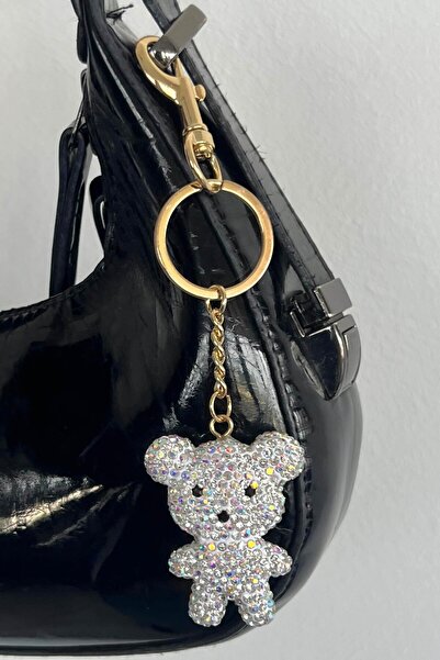 TAKIŞTIR Silver Color Stone Detailed Bag Charm/Keychain with Gold Color Teddy Bear Figure