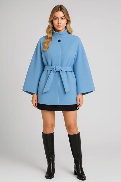 enmodaiçgiyim Синя жіноча накидка – кашеміровий вигляд, високий комір, один розмір, зручний крій, стильний дизайн